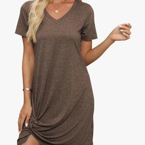 Brown V-Neck Knot T-Shirt Dress